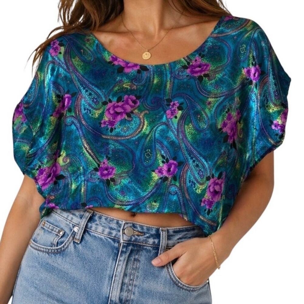 Vintage Featherbed NY Cropped Top Silky Medium Paisley Floral USA Y2K Oversized